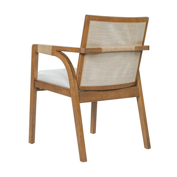 English Elm 7‑Piece Solid Wood Dining Set Seats Six with Woven Backrest and Upholstered Arm Chairs Beige, Walnut Rattan, Rubber Wood, Textilene N762P488521D_N762P472720D3