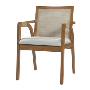 English Elm 7‑Piece Solid Wood Dining Set Seats Six with Woven Backrest and Upholstered Arm Chairs Beige, Walnut Rattan, Rubber Wood, Textilene N762P488521D_N762P472720D3