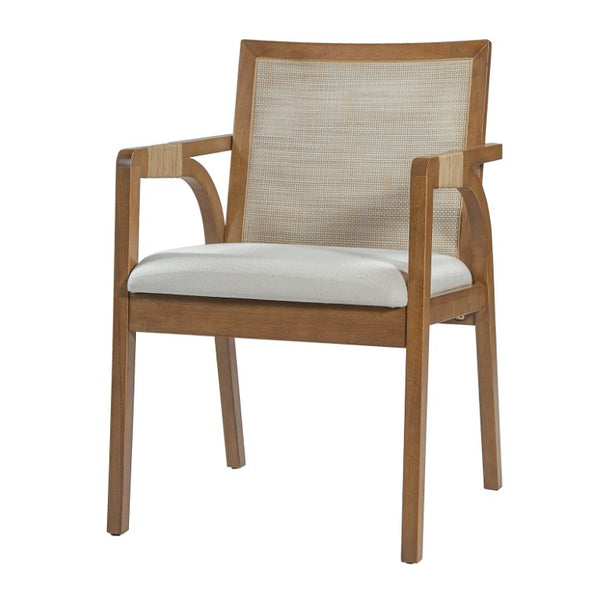 English Elm 7‑Piece Solid Wood Dining Set Seats Six with Woven Backrest and Upholstered Arm Chairs Beige, Walnut Rattan, Rubber Wood, Textilene N762P488521D_N762P472720D3