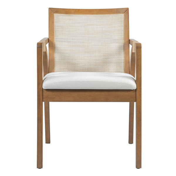 English Elm 7‑Piece Solid Wood Dining Set Seats Six with Woven Backrest and Upholstered Arm Chairs Beige, Walnut Rattan, Rubber Wood, Textilene N762P488521D_N762P472720D3