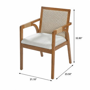 English Elm 7‑Piece Solid Wood Dining Set Seats Six with Woven Backrest and Upholstered Arm Chairs Beige, Walnut Rattan, Rubber Wood, Textilene N762P488521D_N762P472720D3