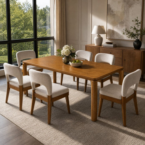 English Elm 7‑Piece Mid-Century Rubberwood Dining Set with Walnut Finish and Six Upholstered Chairs Beige/Walnut Fabric/Rubber Wood N762P488521D_N762P472721D3