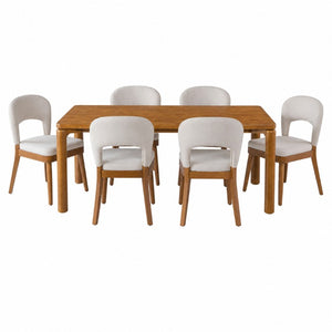 English Elm 7‑Piece Mid-Century Rubberwood Dining Set with Walnut Finish and Six Upholstered Chairs Beige/Walnut Fabric/Rubber Wood N762P488521D_N762P472721D3