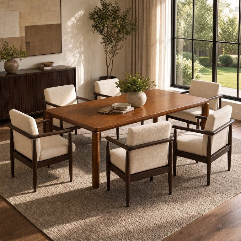 English Elm Mid‑century 7 Piece Solid Rubber Wood Dining Set Seats Six with Padded Armchairs N762P488521D_N762P472763A3