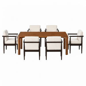 English Elm Mid‑century 7 Piece Solid Rubber Wood Dining Set Seats Six with Padded Armchairs N762P488521D_N762P472763A3