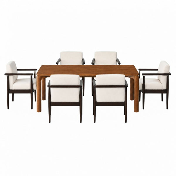 English Elm Mid‑century 7 Piece Solid Rubber Wood Dining Set Seats Six with Padded Armchairs N762P488521D_N762P472763A3