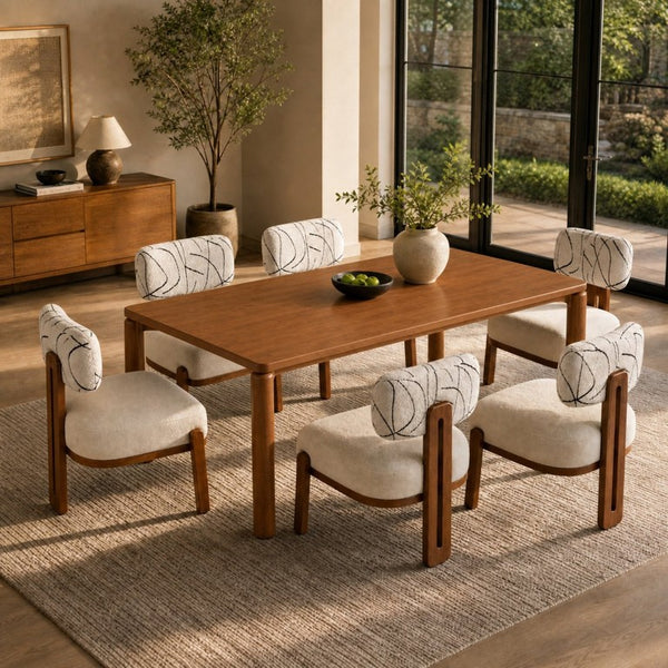 English Elm 7‑Piece Walnut Rubber Wood Dining Set Seating Six with Boucle Upholstered Chairs N762P488521D_N762P472764D3