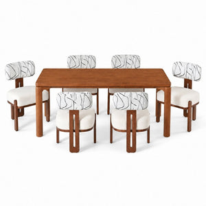 English Elm 7‑Piece Walnut Rubber Wood Dining Set Seating Six with Boucle Upholstered Chairs N762P488521D_N762P472764D3