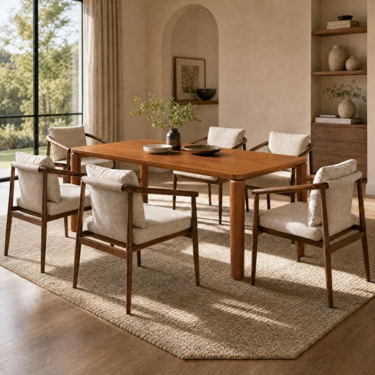 English Elm 7‑Piece Rubberwood Dining Set with Walnut Stain Iron Armchairs and Beige Fabric Cushions N762P488521D_N762P492515A3