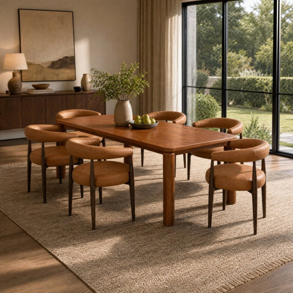 English Elm 7‑Piece Solid Wood Dining Set Seats Six with Woven Backrest and Upholstered Arm Chairs Coffee, Reddish Brown, Walnut Iron, PU Leather, Rubber Wood N762P488521D_N762P492521G3