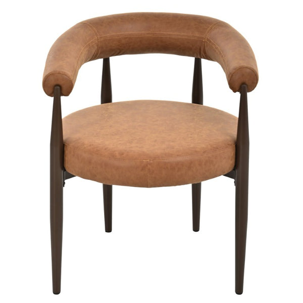 English Elm 7‑Piece Solid Wood Dining Set Seats Six with Woven Backrest and Upholstered Arm Chairs Coffee, Reddish Brown, Walnut Iron, PU Leather, Rubber Wood N762P488521D_N762P492521G3
