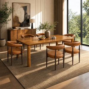 English Elm 7‑Piece Solid Wood Dining Set Seats Six with Woven Backrest and Upholstered Arm Chairs Coffee, Reddish Brown, Walnut Iron, PU Leather, Rubber Wood N762P488521D_N762P492521G3