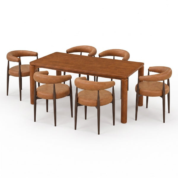 English Elm 7‑Piece Solid Wood Dining Set Seats Six with Woven Backrest and Upholstered Arm Chairs Coffee, Reddish Brown, Walnut Iron, PU Leather, Rubber Wood N762P488521D_N762P492521G3