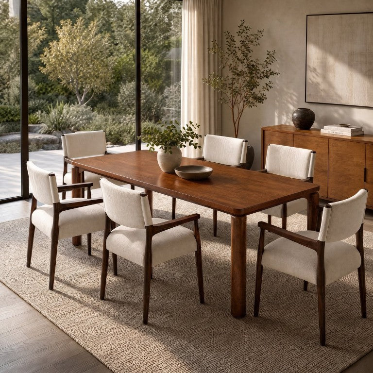 English Elm 7‑Piece Solid Rubberwood Walnut Dining Set Seats Six with Upholstered Arm Chairs N762P488521D_N762P503857A3