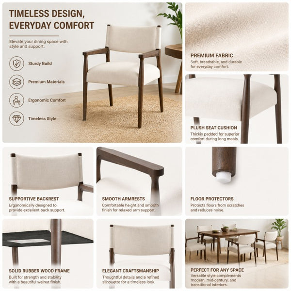 English Elm 7‑Piece Solid Rubberwood Walnut Dining Set Seats Six with Upholstered Arm Chairs N762P488521D_N762P503857A3