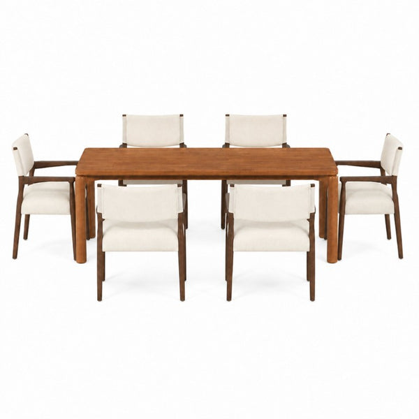 English Elm 7‑Piece Solid Rubberwood Walnut Dining Set Seats Six with Upholstered Arm Chairs N762P488521D_N762P503857A3