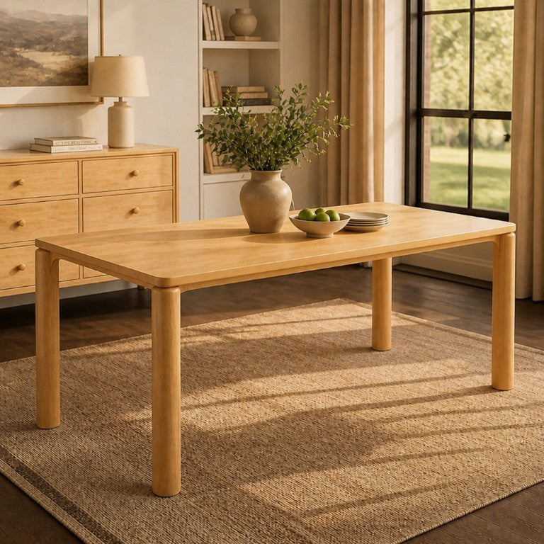 English Elm 70.28 Solid Rubberwood Rectangular Dining Table Seats 8 with Thick Round Legs Natural N762P488521N