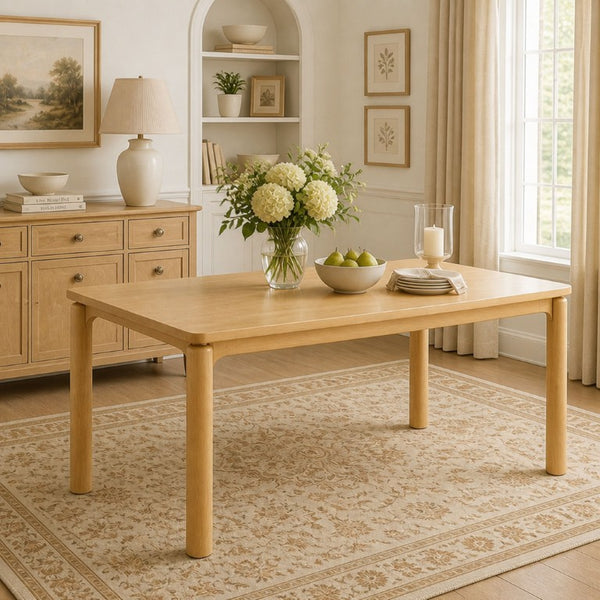 English Elm 70.28 Solid Rubberwood Rectangular Dining Table Seats 8 with Thick Round Legs Natural N762P488521N