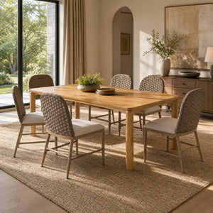 English Elm 7‑Piece Mid-Century Rubberwood Dining Set with Walnut Finish and Six Upholstered Chairs Beige/Natural Fabric/PE Rattan/Iron/Rubber Wood N762P488521N_N762P329084D3