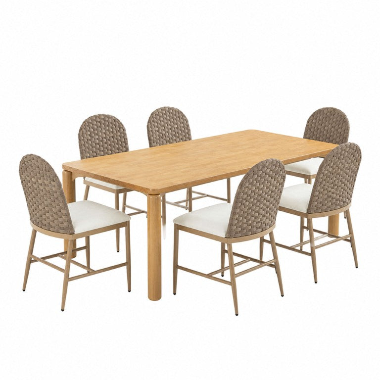 English Elm 7‑Piece Mid-Century Rubberwood Dining Set with Walnut Finish and Six Upholstered Chairs Beige/Natural Fabric/PE Rattan/Iron/Rubber Wood N762P488521N_N762P329084D3