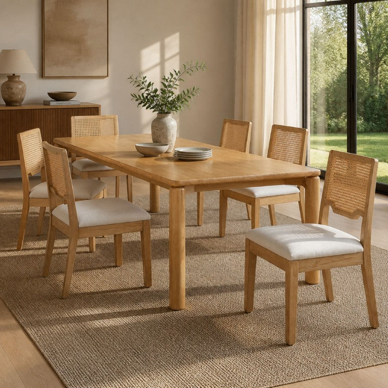 English Elm 7-Piece Solid Rubber Wood Dining Set with Rattan Back Chairs and Linen Cushions N762P488521N_N762P411405D3