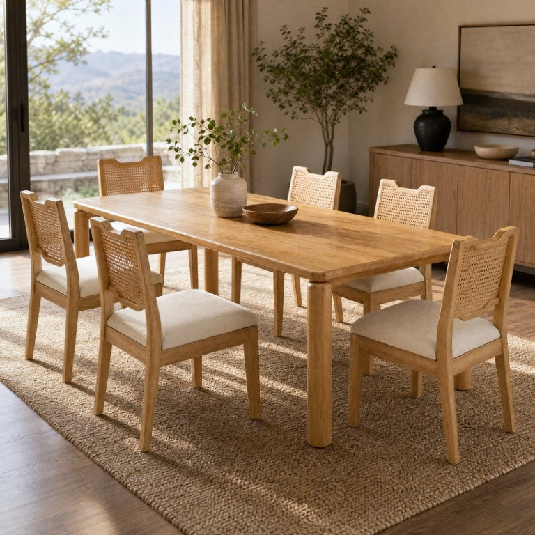 English Elm 7-Piece Solid Rubber Wood Dining Set with Rattan Back Chairs and Linen Cushions N762P488521N_N762P411405D3