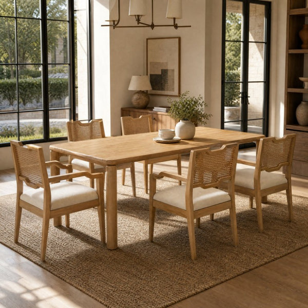 English Elm 7‑Piece Solid Wood Dining Set Seats Six with Woven Backrest and Upholstered Arm Chairs Beige, Natural Fabric, Rattan, Rubber Wood N762P488521N_N762P411406D3