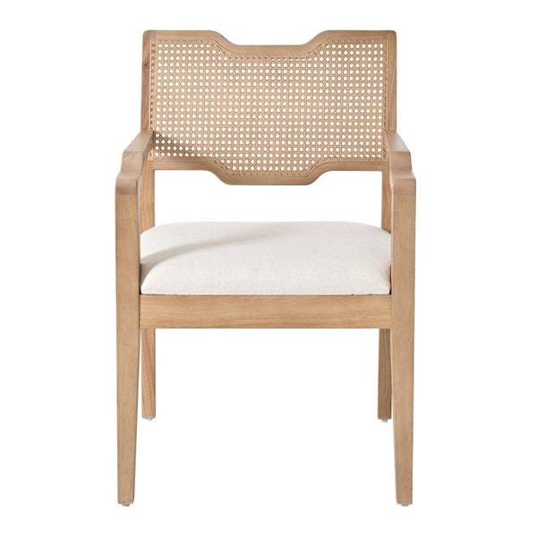 English Elm 7‑Piece Solid Wood Dining Set Seats Six with Woven Backrest and Upholstered Arm Chairs Beige, Natural Fabric, Rattan, Rubber Wood N762P488521N_N762P411406D3