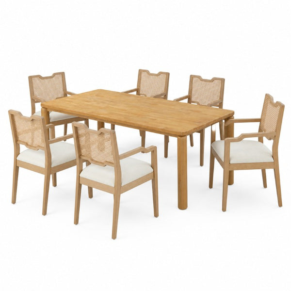 English Elm 7‑Piece Solid Wood Dining Set Seats Six with Woven Backrest and Upholstered Arm Chairs Beige, Natural Fabric, Rattan, Rubber Wood N762P488521N_N762P411406D3