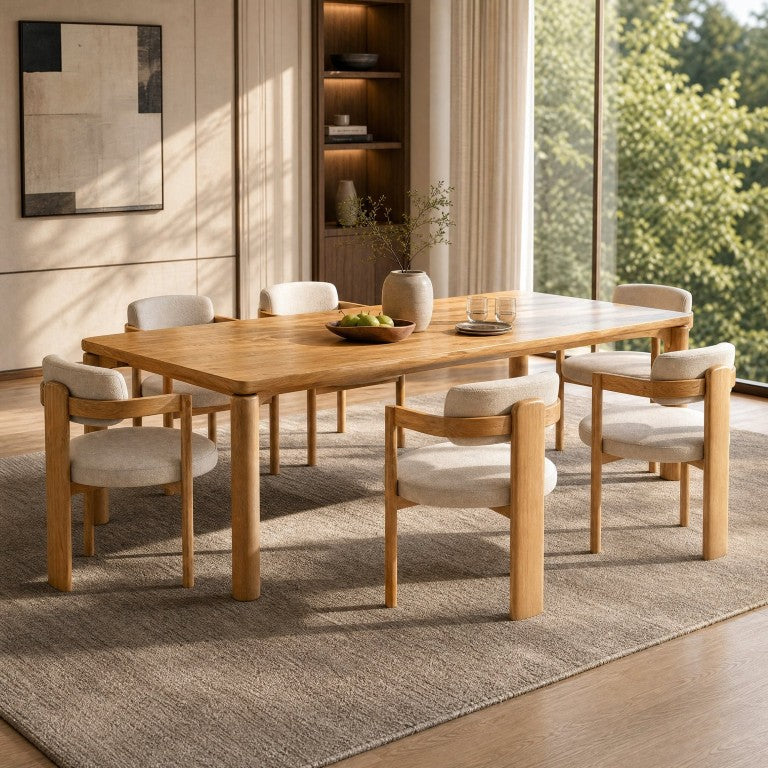 English Elm 7-Piece Solid Rubber Wood Dining Set with Six Padded Arm Chairs for Modern Interiors N762P488521N_N762P446221N3