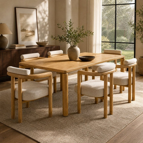 English Elm 7-Piece Solid Rubber Wood Dining Set Six Curved Arm Chairs Beige Cushions Farmhouse N762P488521N_N762P446251N3