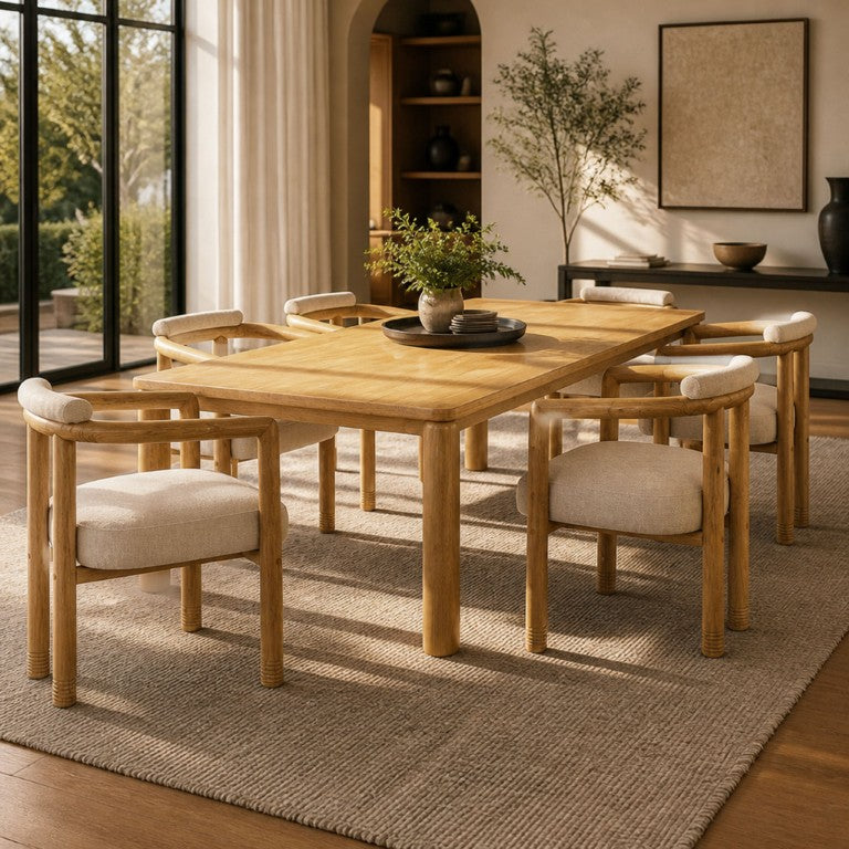 English Elm 7-Piece Solid Rubber Wood Dining Set Six Curved Arm Chairs Beige Cushions Farmhouse N762P488521N_N762P446251N3