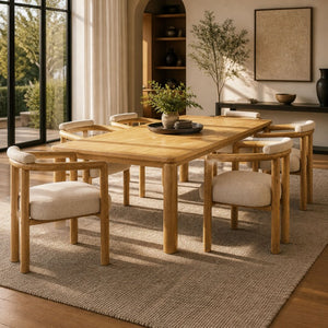 English Elm 7-Piece Solid Rubber Wood Dining Set Six Curved Arm Chairs Beige Cushions Farmhouse N762P488521N_N762P446251N3