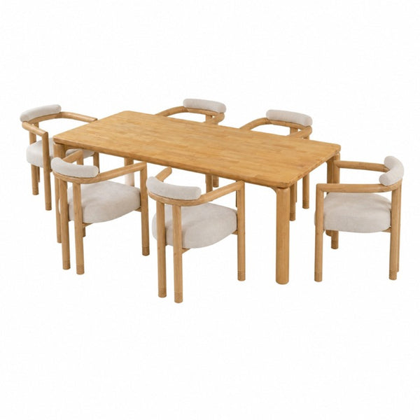 English Elm 7-Piece Solid Rubber Wood Dining Set Six Curved Arm Chairs Beige Cushions Farmhouse N762P488521N_N762P446251N3