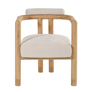 English Elm 7-Piece Solid Rubber Wood Dining Set Six Curved Arm Chairs Beige Cushions Farmhouse N762P488521N_N762P446251N3