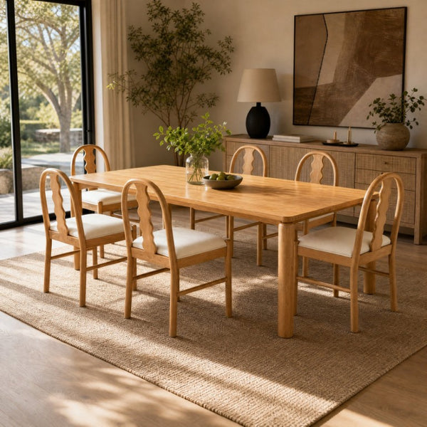 English Elm 7-Piece Solid Rubber Wood Farmhouse Dining Set with Wave Back Chairs and Cushioned Seats N762P488521N_N762P472741N3