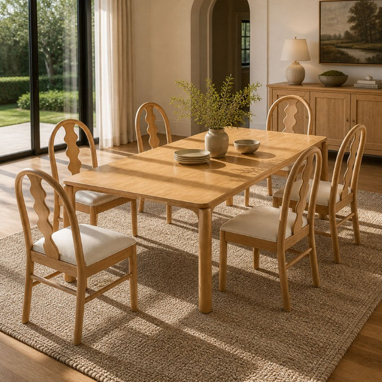 English Elm 7-Piece Solid Rubber Wood Farmhouse Dining Set with Wave Back Chairs and Cushioned Seats N762P488521N_N762P472741N3