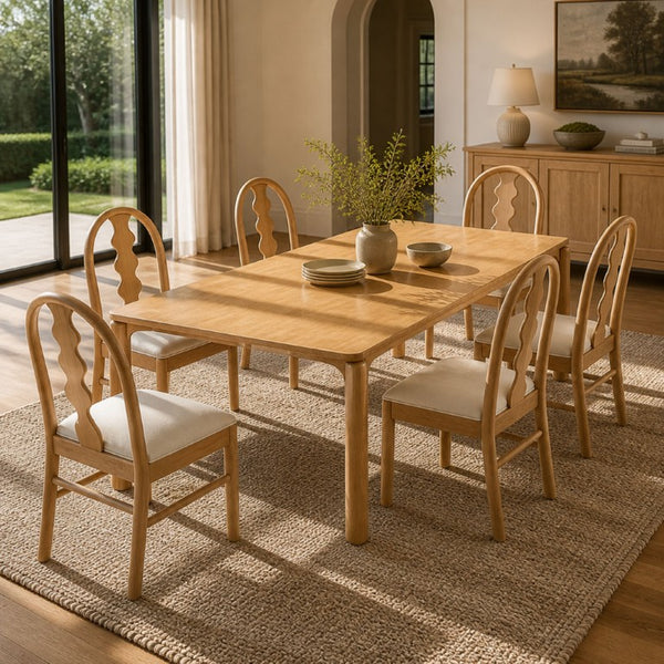 English Elm 7-Piece Solid Rubber Wood Farmhouse Dining Set with Wave Back Chairs and Cushioned Seats N762P488521N_N762P472741N3