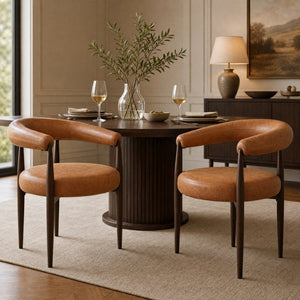 English Elm 2 Barrel Arm Dining Chairs PU Leather Upholstered with Gold Iron Base Vintage Style N762P492521G
