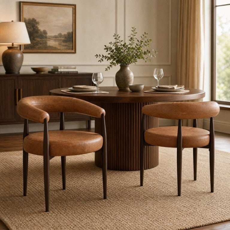 English Elm 2 Barrel Arm Dining Chairs PU Leather Upholstered with Gold Iron Base Vintage Style N762P492521G