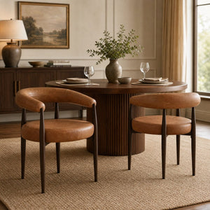 English Elm 2 Barrel Arm Dining Chairs PU Leather Upholstered with Gold Iron Base Vintage Style N762P492521G