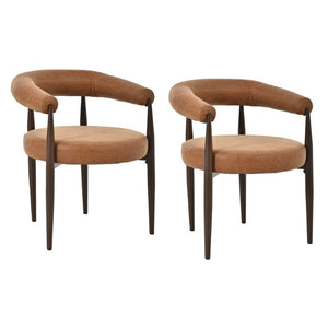 English Elm 2 Barrel Arm Dining Chairs PU Leather Upholstered with Gold Iron Base Vintage Style N762P492521G
