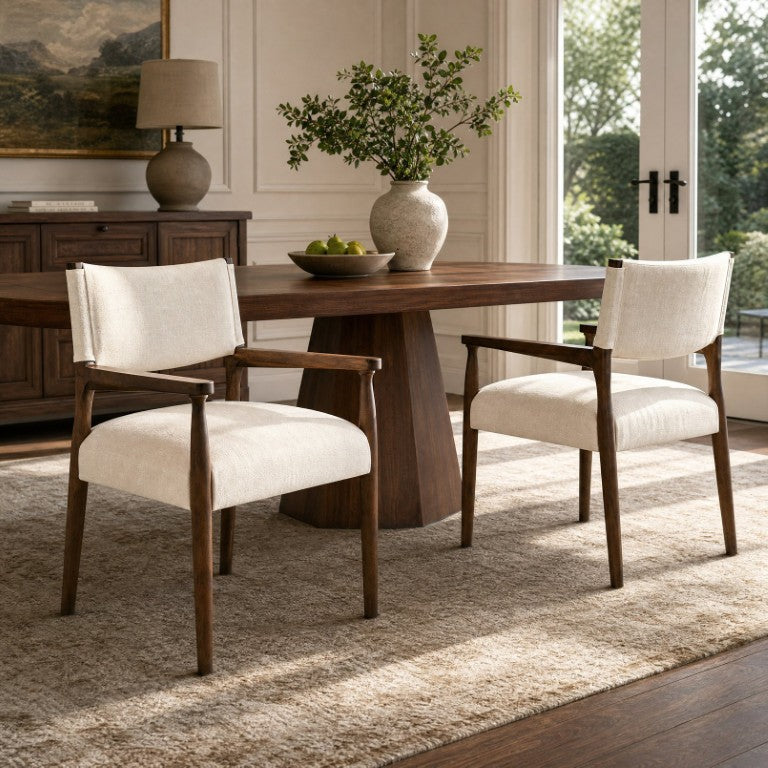 English Elm Mid-Century Rubberwood Dining Arm Chairs Pair Walnut Tapered Legs Beige Upholstered N762P503857A