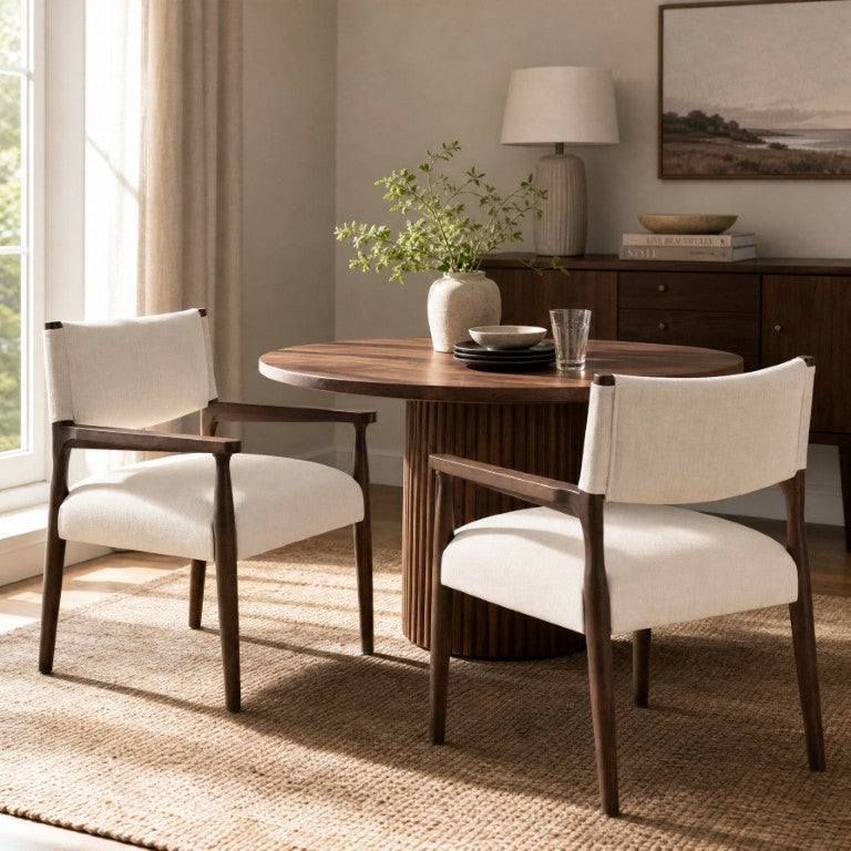 English Elm Mid-Century Rubberwood Dining Arm Chairs Pair Walnut Tapered Legs Beige Upholstered N762P503857A