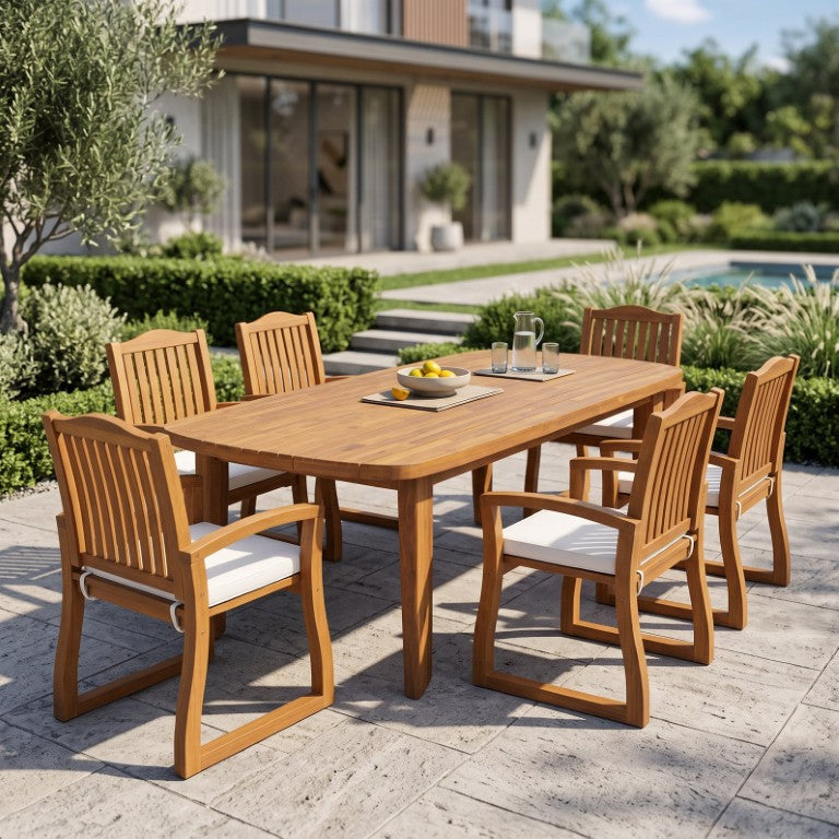 English Elm 7‑Piece Solid Acacia Outdoor Dining Set Oval Slatted Teak Table with Six Cushioned Armchairs N762P506193D_57217.00ACA3