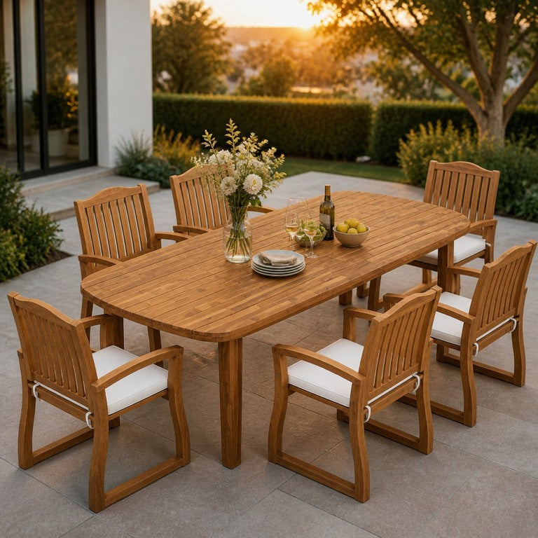 English Elm 7‑Piece Solid Acacia Outdoor Dining Set Oval Slatted Teak Table with Six Cushioned Armchairs N762P506193D_57217.00ACA3