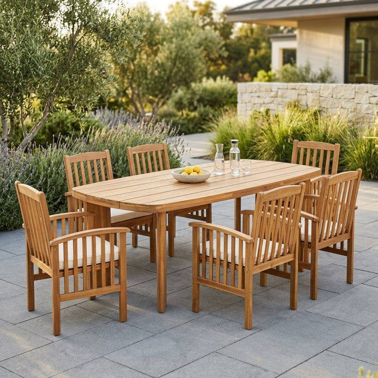 English Elm 7‑Piece Solid Acacia Outdoor Dining Set Oval Teak Table Six Cushioned Arm Chairs N762P506193D_617203