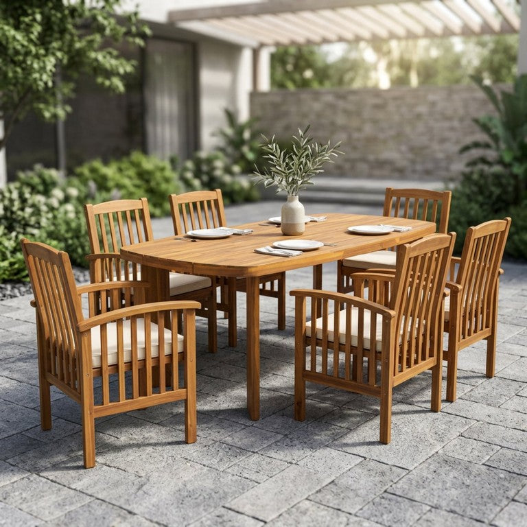 English Elm 7‑Piece Solid Acacia Outdoor Dining Set Oval Teak Table Six Cushioned Arm Chairs N762P506193D_617203