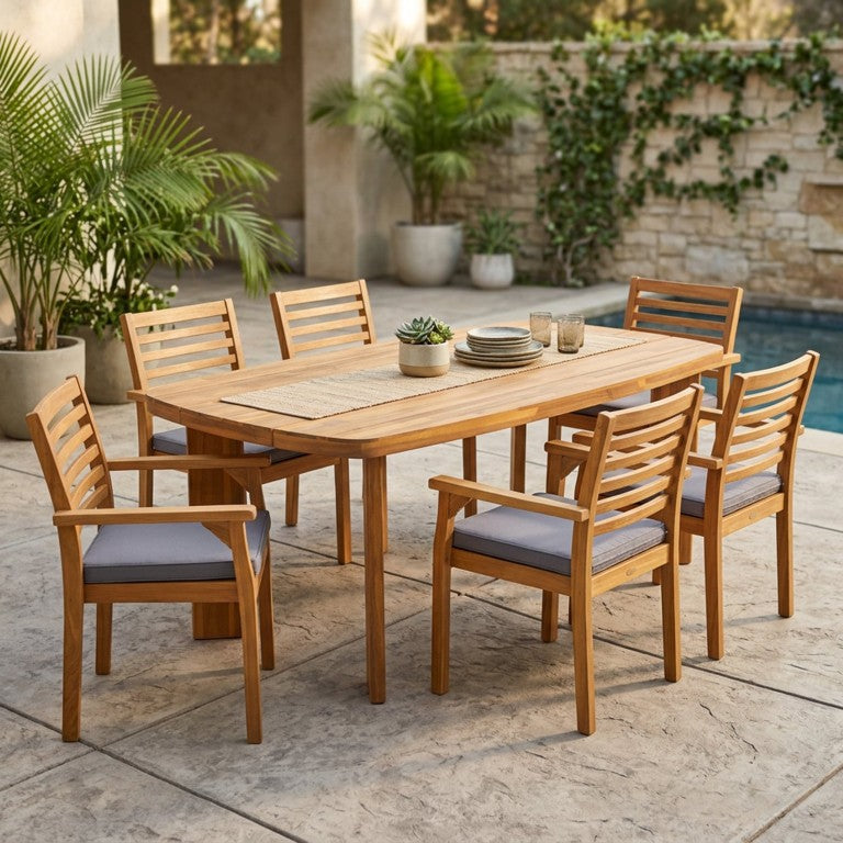 English Elm 7‑Piece Acacia Wood Outdoor Dining Set with Oval Table and Six Slatted Arm Chairs Teak - Dark Grey Cushions N762P506193D_617233