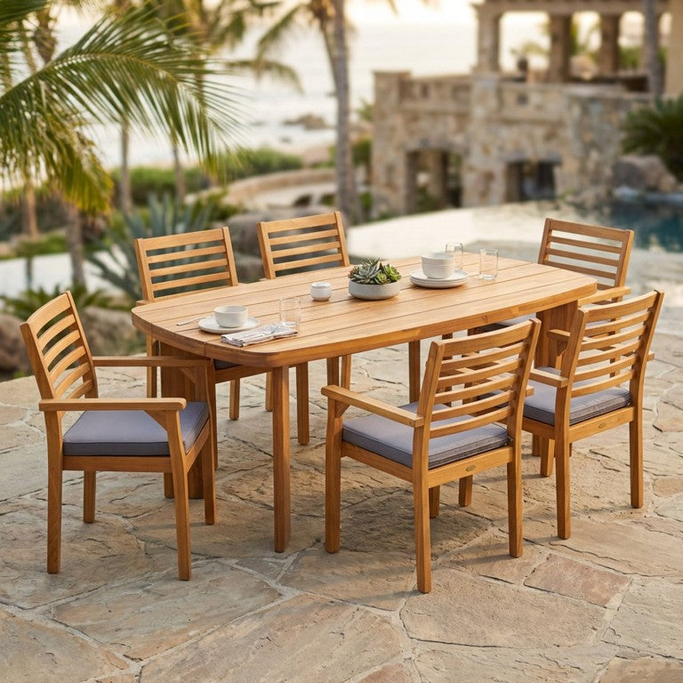English Elm 7‑Piece Acacia Wood Outdoor Dining Set with Oval Table and Six Slatted Arm Chairs Teak - Dark Grey Cushions N762P506193D_617233